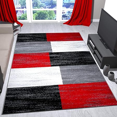 Vimoda Tappeto Rosso Grigio Nero Quadrettato Bianco Gradazione Di Colori Pelo Corto Grigio 160x230 Cm
