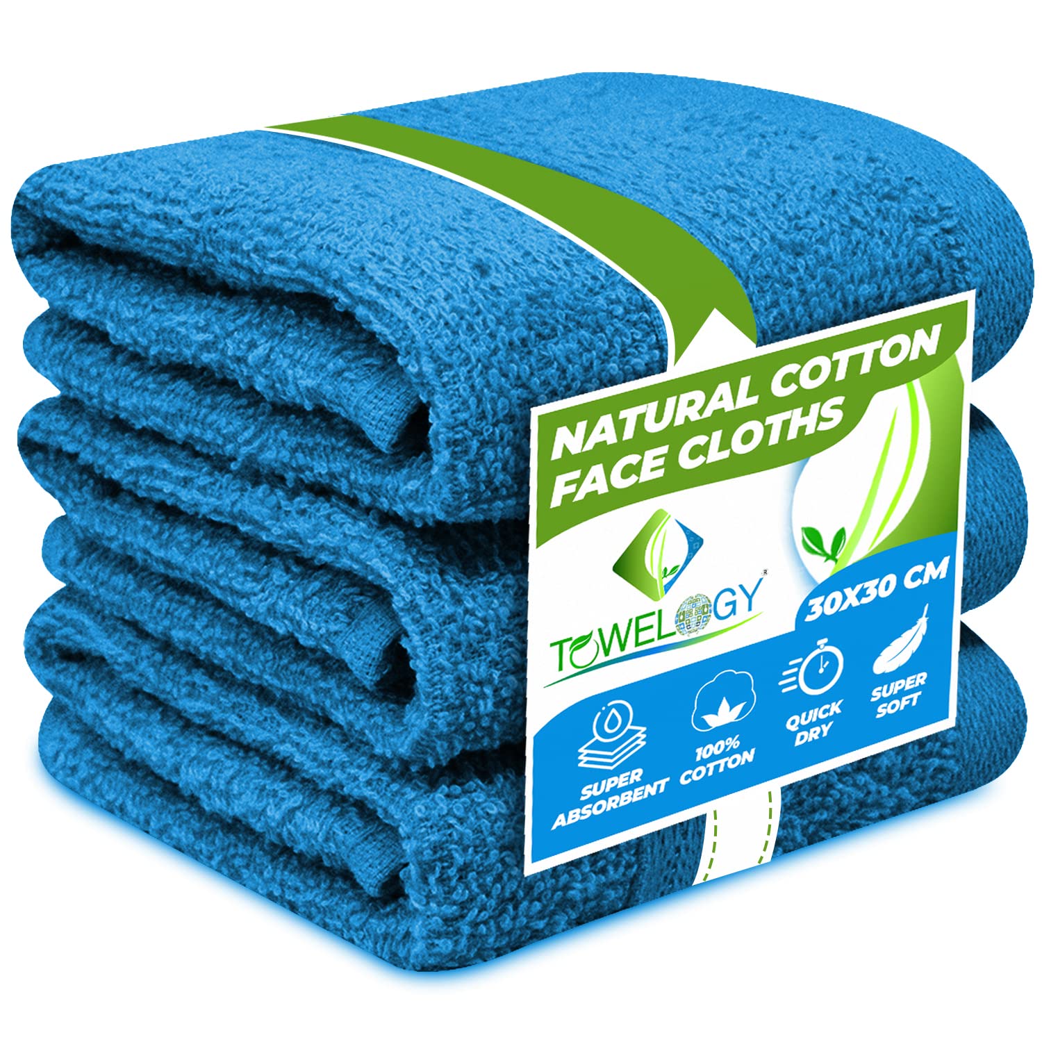 Towelogy® Premium Flannel Face Cloth 3-Pack 100% Egyptian Cotton Ring Spun Super Soft Washcloth 30x30cm for Cleansing Makeup Remover Spa & Gym Face Towels (Teal Blue, 3)
