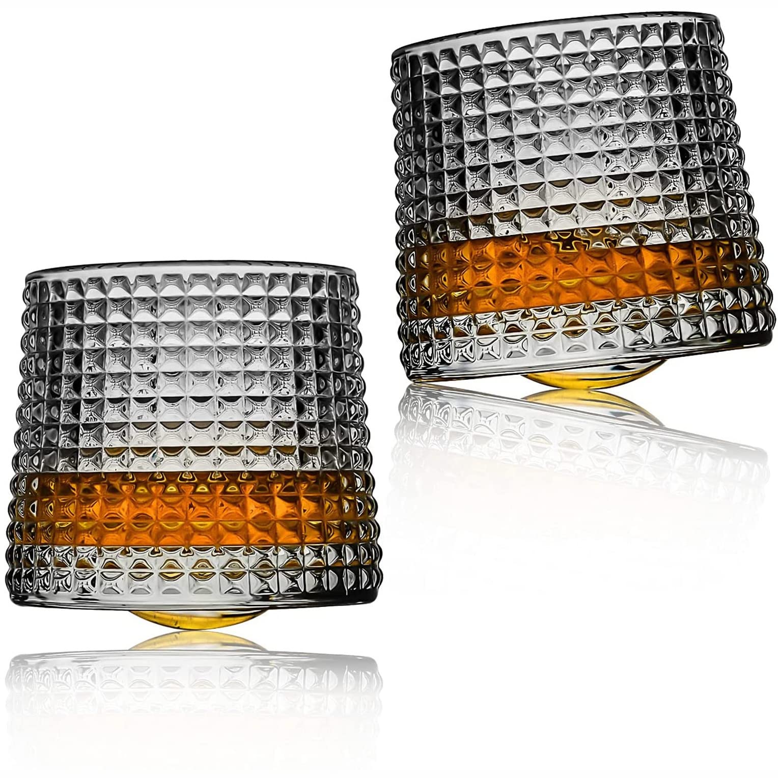 Earnmore Whiskey Glasses Rotatable Decompression Old Fashioned Set of 2 Bar Style Glassware for Bourbon Scotch Rum (Checkered, 5 oz)