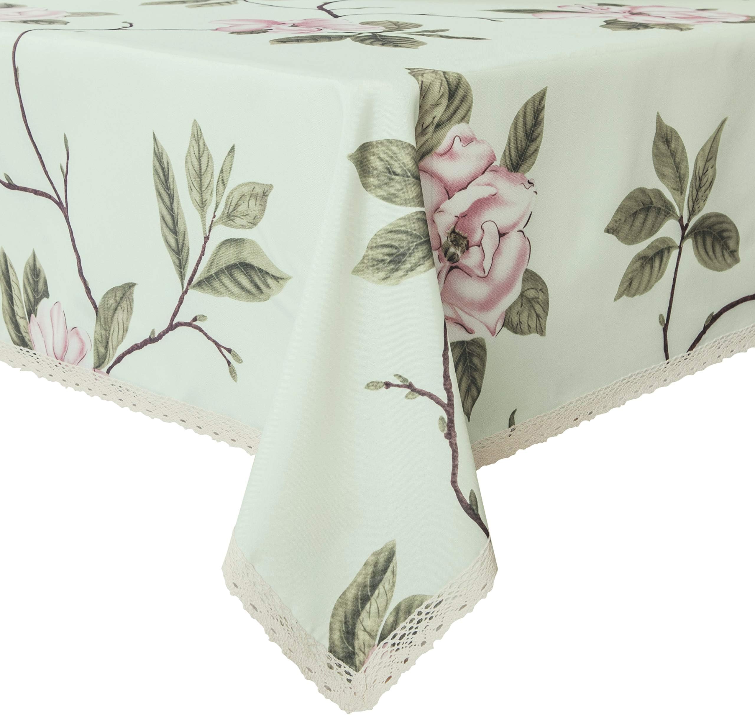 WewochDecorative Camellia Floral Print Polyester Rectangle Tablecloth Waterproof Fabric Lace Table Cloth, Table Cover for Dining Room and Party (60x104-Inch, Pale Green)