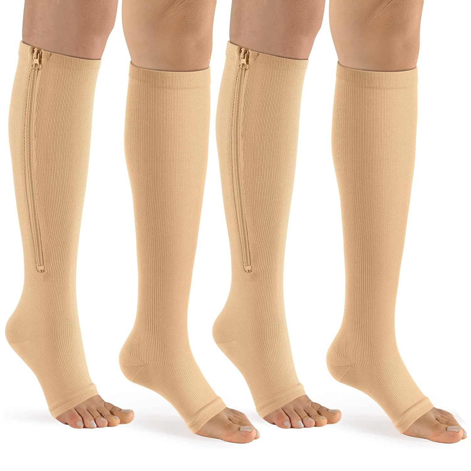 Photo 1 of bropite Zipper Compression Socks Women & Men - 2Pairs Calf Knee High 15-20mmHg Open Toe Compression Stocking suit for Walking