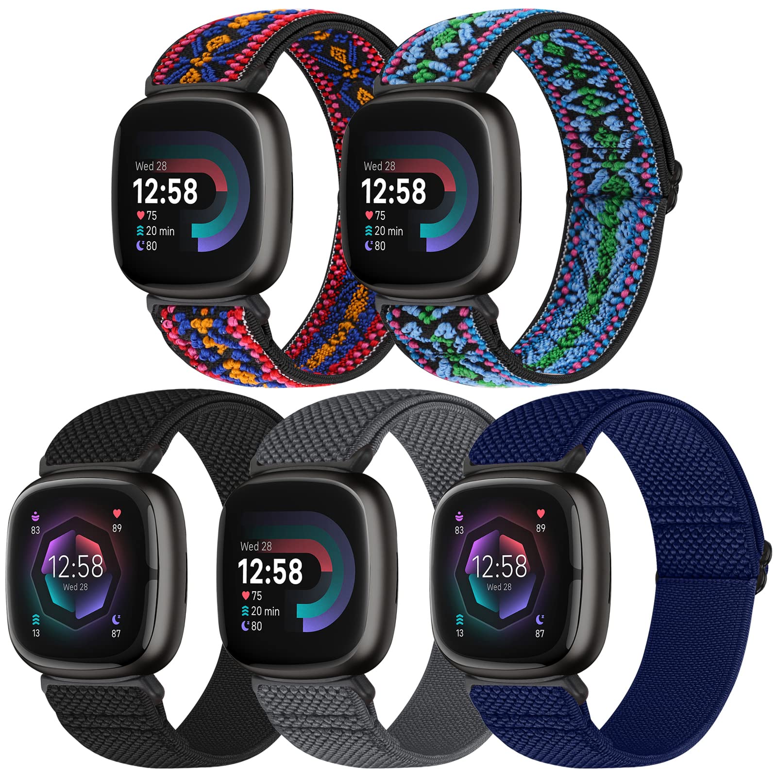 Photo 1 of Bcuckood Compatible with Fitbit Versa 4/Versa 3/Sense 2/Sense Band Women Men, 5 Pack Elastic Nylon Soft Adjustable Stretchy Solo Loop Replacement Strap for Women Men