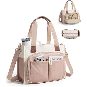 BAGSMART Canvas Tote Bag for Women, Small Work Tote Bag with Zipper | 30oz/40oz Tumble & 11 Pockets Travel Tote, Teachers/Nur