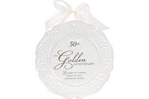 Malden International Designs Glazed Ceramic 50th Anniversary Plate With Gold Accents And Ribbon For Hanging, 9x9, White