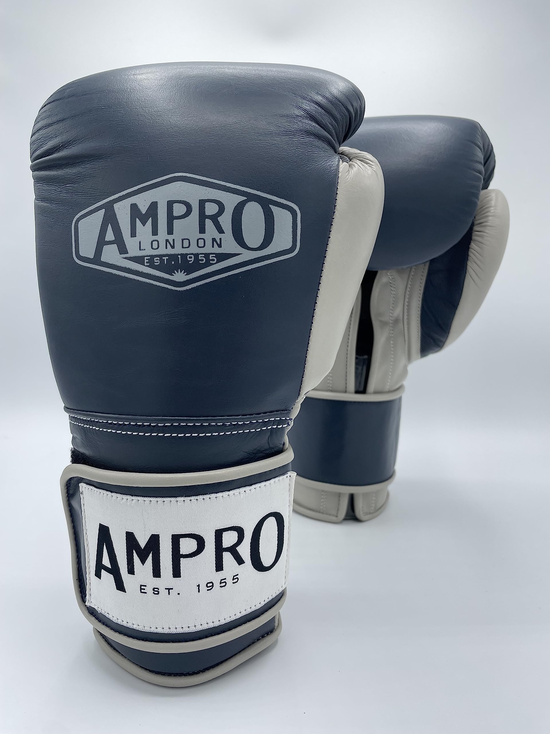 Ampro Hybrid Powertech Hook and Loop Sparring Glove - Sparring/Bag/Spar/Boxing/Training (Navy/Grey, 18oz)
