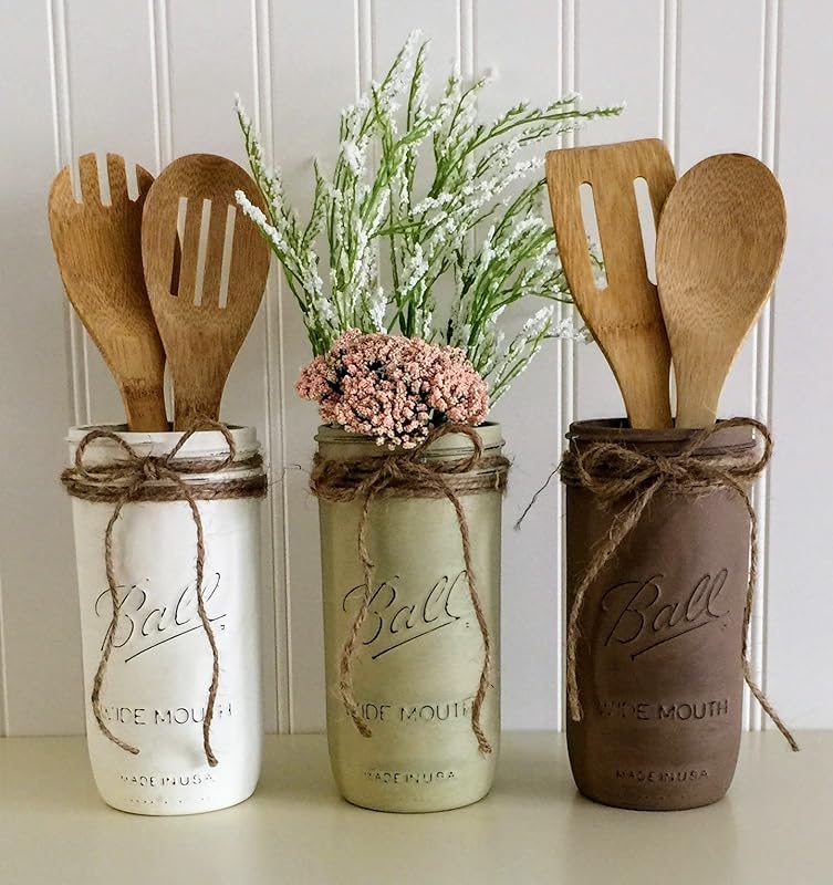 Mason Jar Utensil Holder Set 3 Piece, White, Beige, Brown