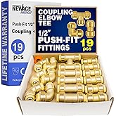 New Age America® 19pc 1/2" Push-Fit Fittings AquaFlow 360™ | 6 Elbow + 6 Tee + 6 Coupling & 1 PC Removal Tool | Brass | Push-