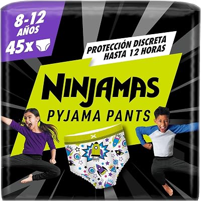 Pañal-Braguita Ninjamas, Talla 8-12 años (27-43 kg), 45 pañales tipo braguita, pañal noche con Naves espaciales, Protección Antifugas durante Toda La Noche