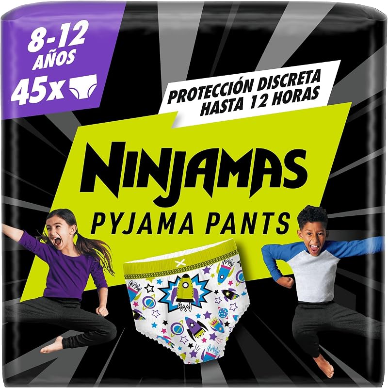 Fraldas Ninjamas-Cuecas, tamanho 8-12 anos (27-43 kg), fraldas tipo cuecas 45, fralda noturna com naves espaciais, proteção contra fugas durante toda a noite