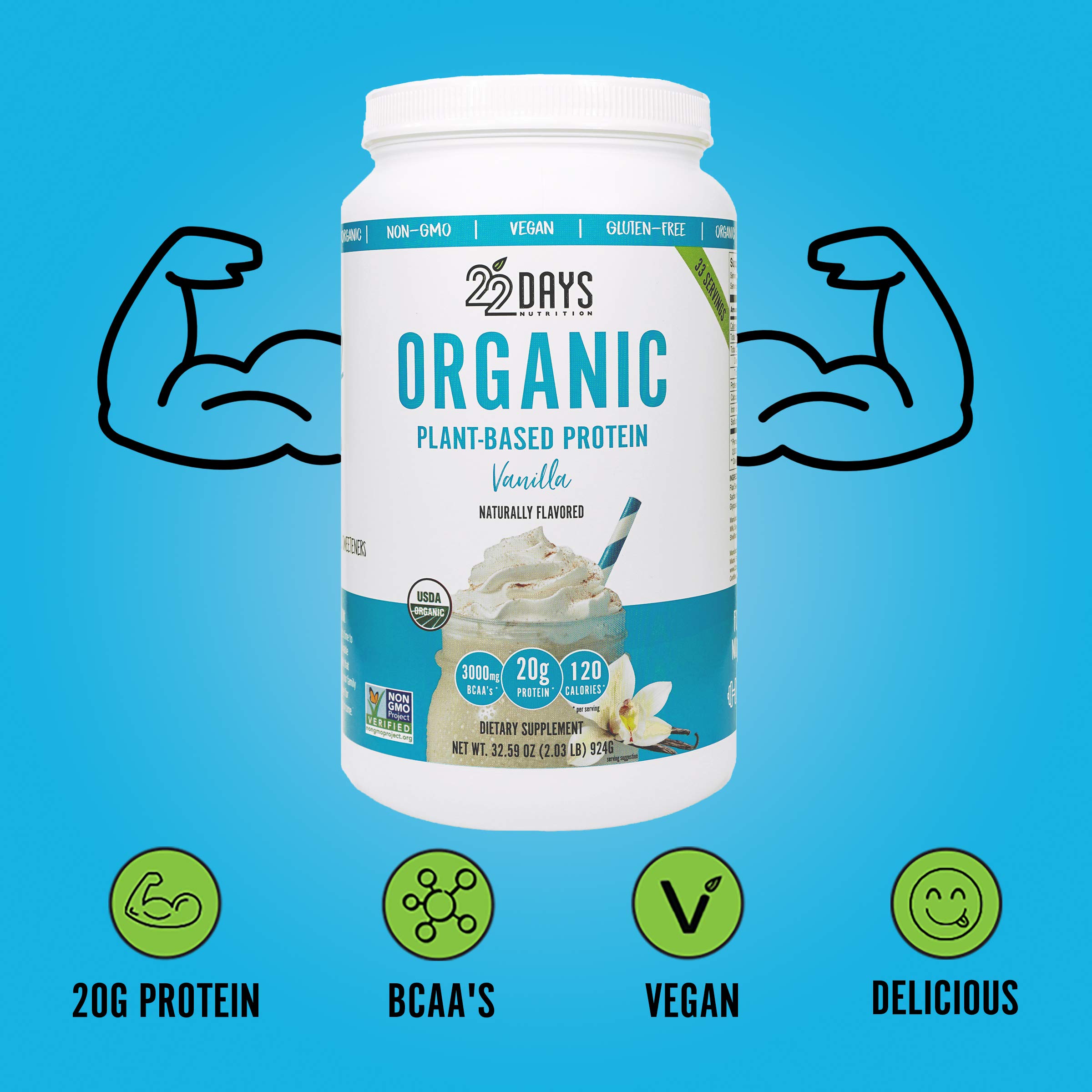 22 Days Nutrition Organic Protein Powder, Vanilla, 32.59 Ounce Gluten