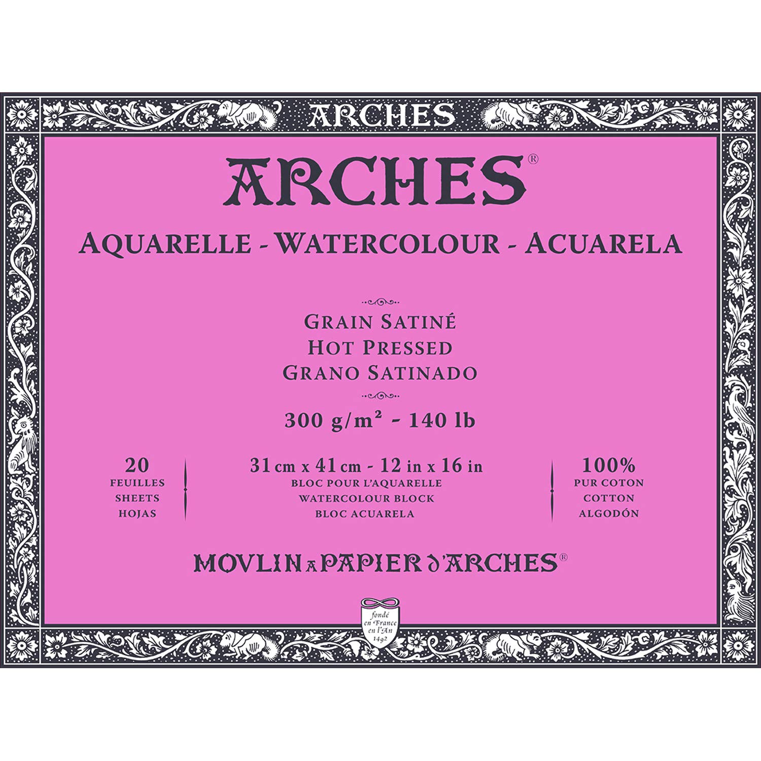 ARCHES Aquarelle Pad 20 Sheets 31 x 41 Glued on 4 Sides 300 g/m² Satin Grain, Natural White, 4 Fruit Edges