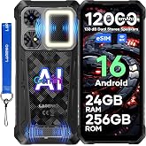 LAGENIO Rhino 1 Pro Android 16 Rugged Smartphone, 12000mAh Battery, 130dB Loudest Dual Stereo Speakers, 24GB+256GB 64MP Rear Camera 6.9" Tough Phone, Built-in 400 Lumens Camping Light, 4G/NFC/eSIM/OTG