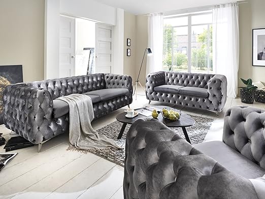 Sofagarnitur 3 2 1 Silber Grau Chesterfield Emma Samtstoff Knopfung Modern Landhausstil Amazon De Kuche Haushalt