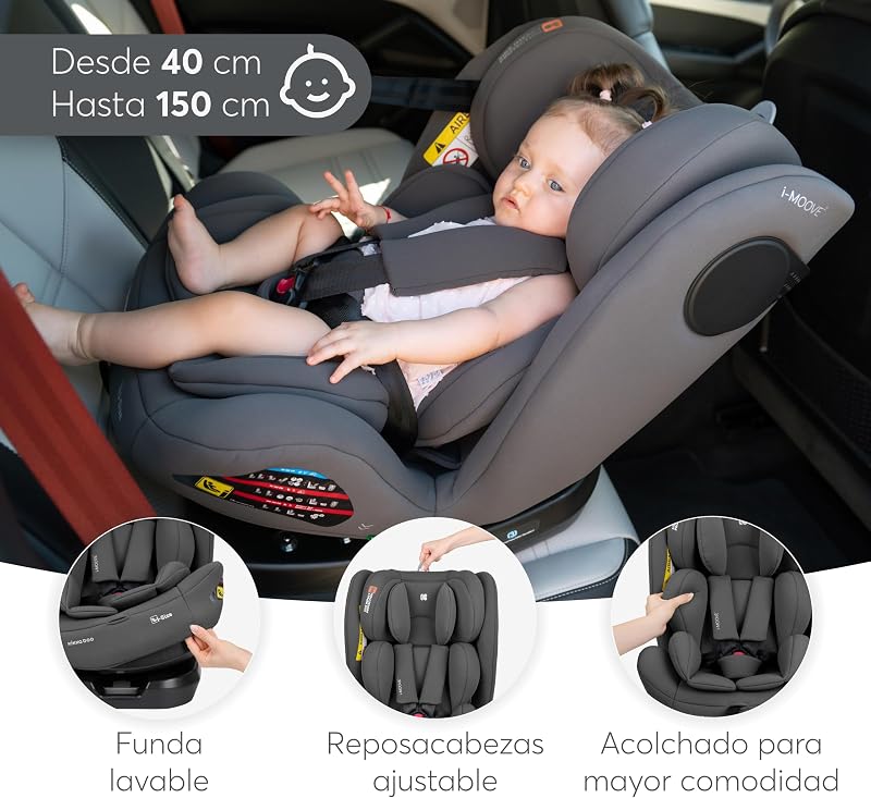 Cadeira de Bebé KikkaBoo Grupo 0 1 2 3 i-MOOVE 2, tamanho i 40–150 cm com ISOFIX, giro 360°, reclinável, apoio de cabeça ajustável, preto