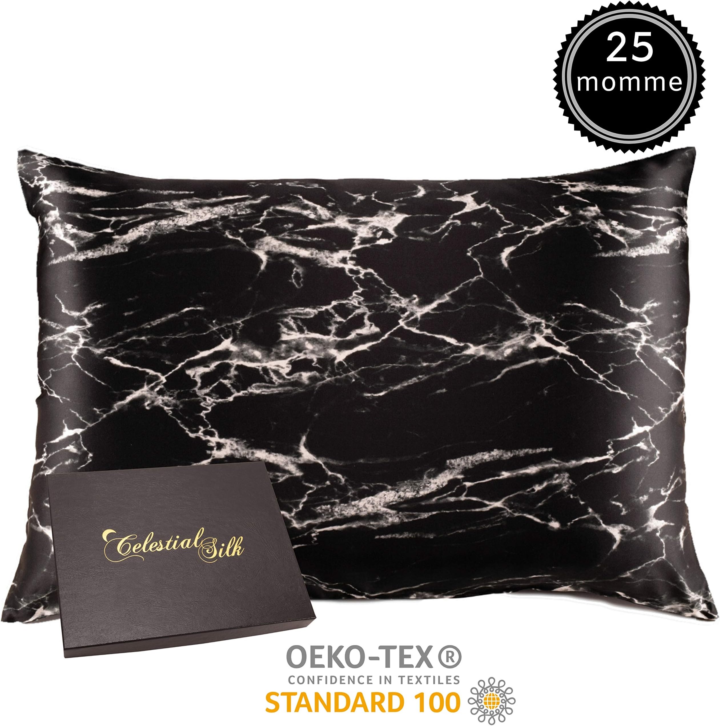 Celestial Silk 100% Pure Mulberry Silk Pillowcase Premium 25 Momme for Hair and Skin, Hypoallergenic Charmeuse Silk Weave on Both Sides - Hidden Zipper Closure (Standard, Black Marble)