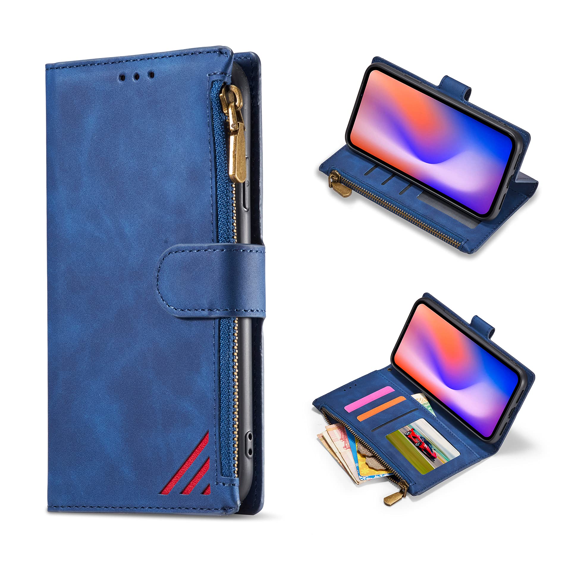 DEFBSC Case for 6.5" iPhone 11 Pro Max, Stitching Zipper Case Premium PU Leather Magnetic Closure Card Holder Slots Zipper Pocket Case with Wrist Strap TPU Shockproof Flip Case Cover - Blue