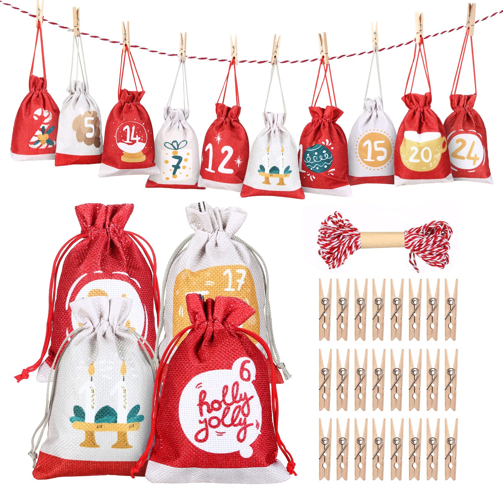 GWHOLE 24PCS Advent Calendars Bags for Filling, Reusable Christmas Burlap Gift Bags with Drawstring, Empty Bags DIY Make Your Own Advent Calendars for Xmas Christmas Decorations