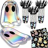 120 Pcs Halloween Ghost Paper Plates Boo Napkins Tableware Set, Serves 24 | Iridescent Holographic Foil Cups, Plastic Forks Knives, Disposable Dinnerware for Halloween Birthday Party Supplies