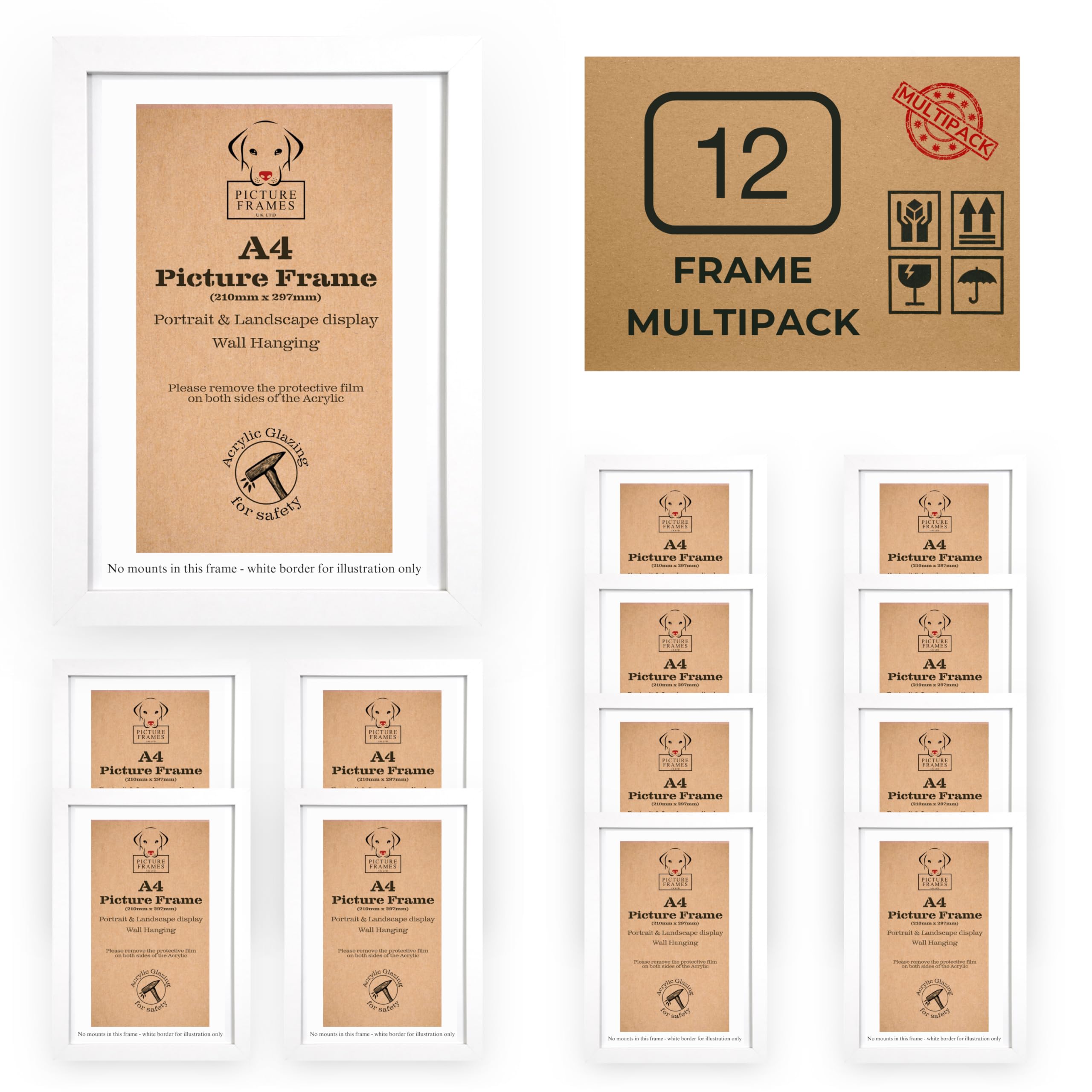 Picture Frames UK Ltd 12 Pack A4 White Photo Frames, Certificate Frames for Wall Hanging and Tabletop Display, 21x30cm