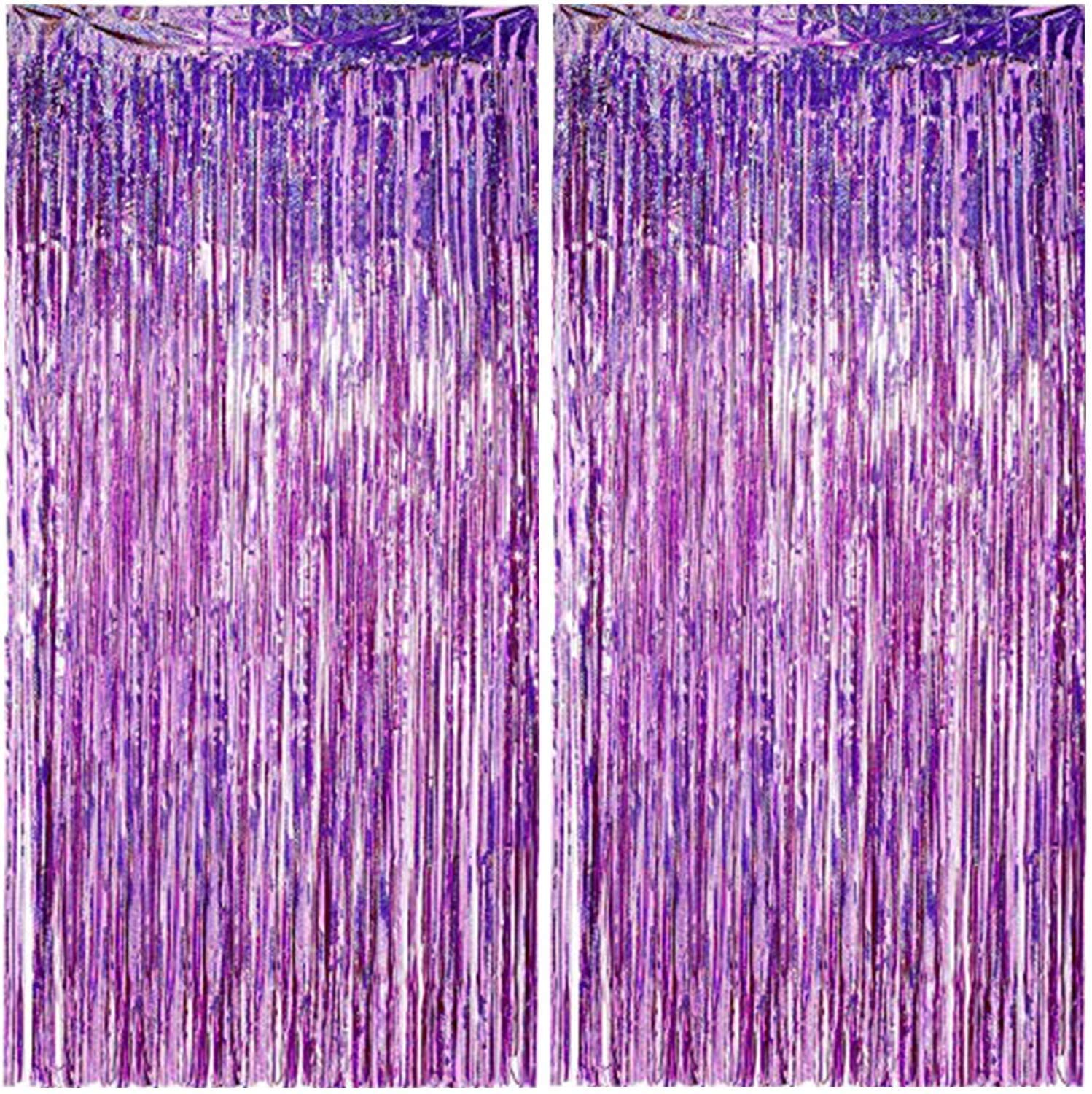 2 Pack Foil Fringe Curtain,Purple Tinsel Metallic Curtains Photo Backdrop for Wedding Engagement Bridal Shower Birthday Bachelorette Party Stage Decor(3.28 ft x 6.56 ft)