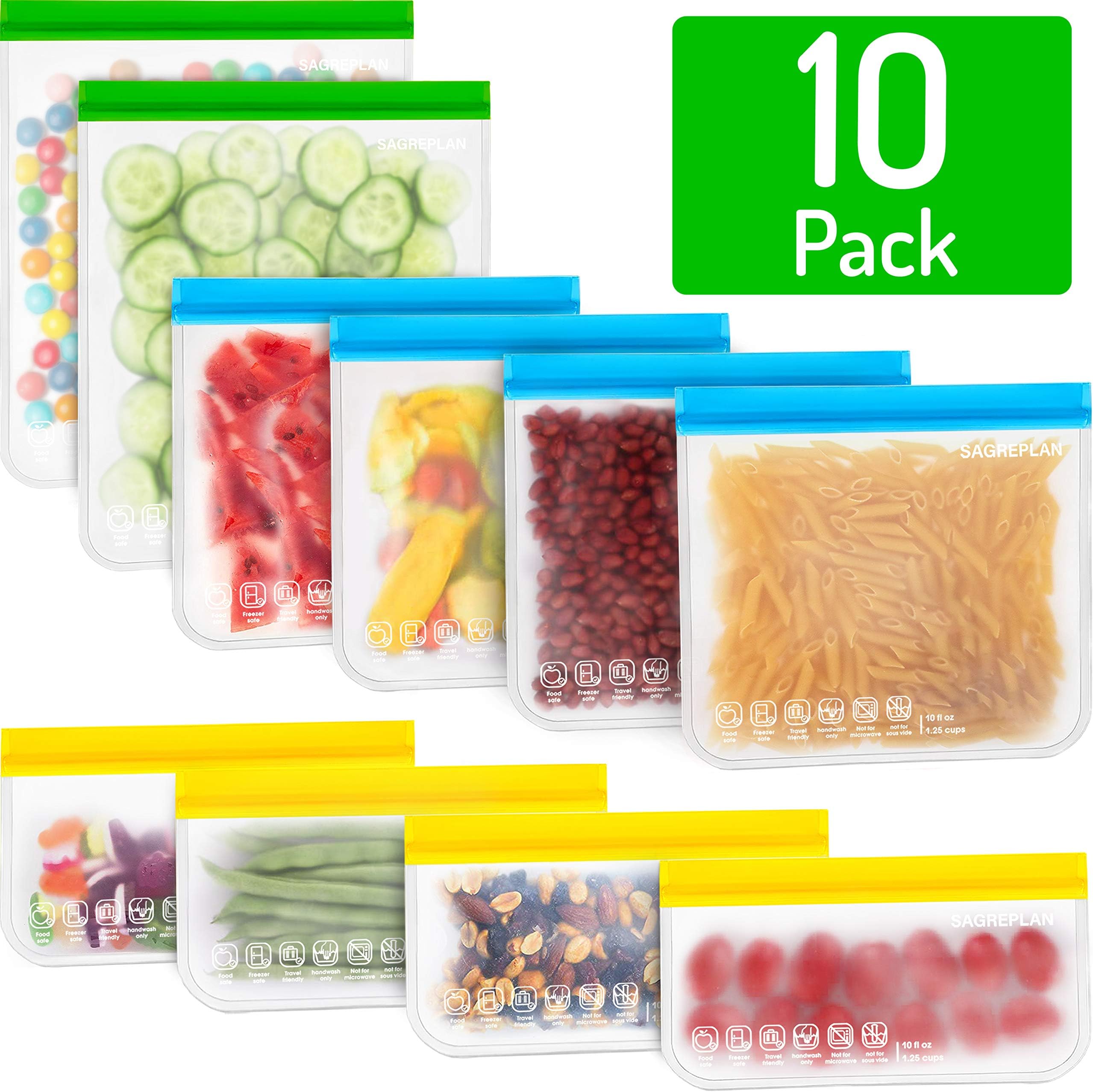 Reusable Storage Bags For Food - 10 Pack Ziplock Freezer Bags | 2 Reusable Gallon Bags + 4 Reusable Sandwich Bags + 4 Reusable Snack Bags | Non Plastic/Silicone Lunch Bags For Kids