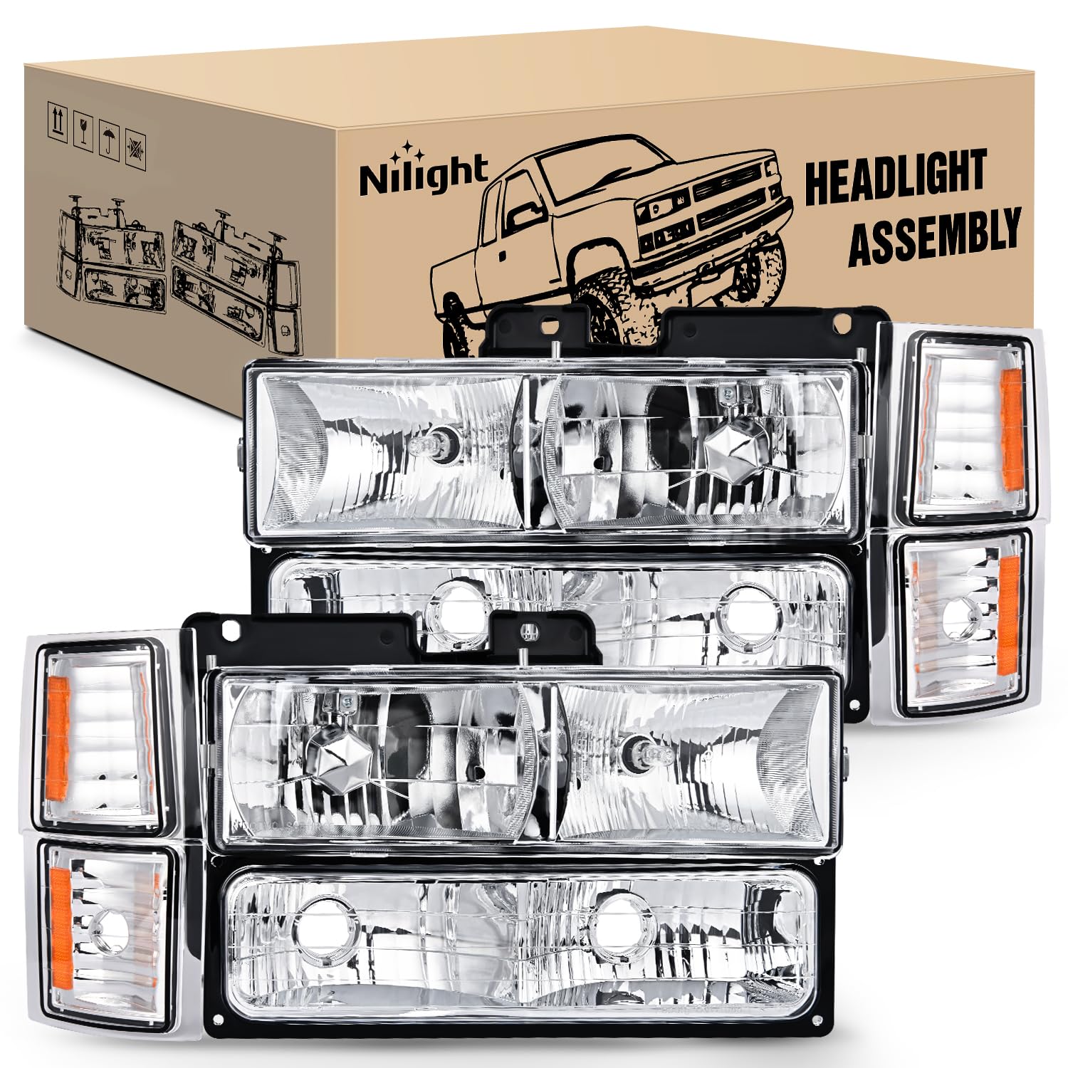 Photo 1 of **USED**Nilight Headlight Assembly Compatible with 1994 1995 1996 1997 1998 Chevy Silverado Tahoe Suburban C10 C/K 1500 2500 3500 Replacement Headlamp Chrome Housing Amber Reflector Bumper Corner Lamp