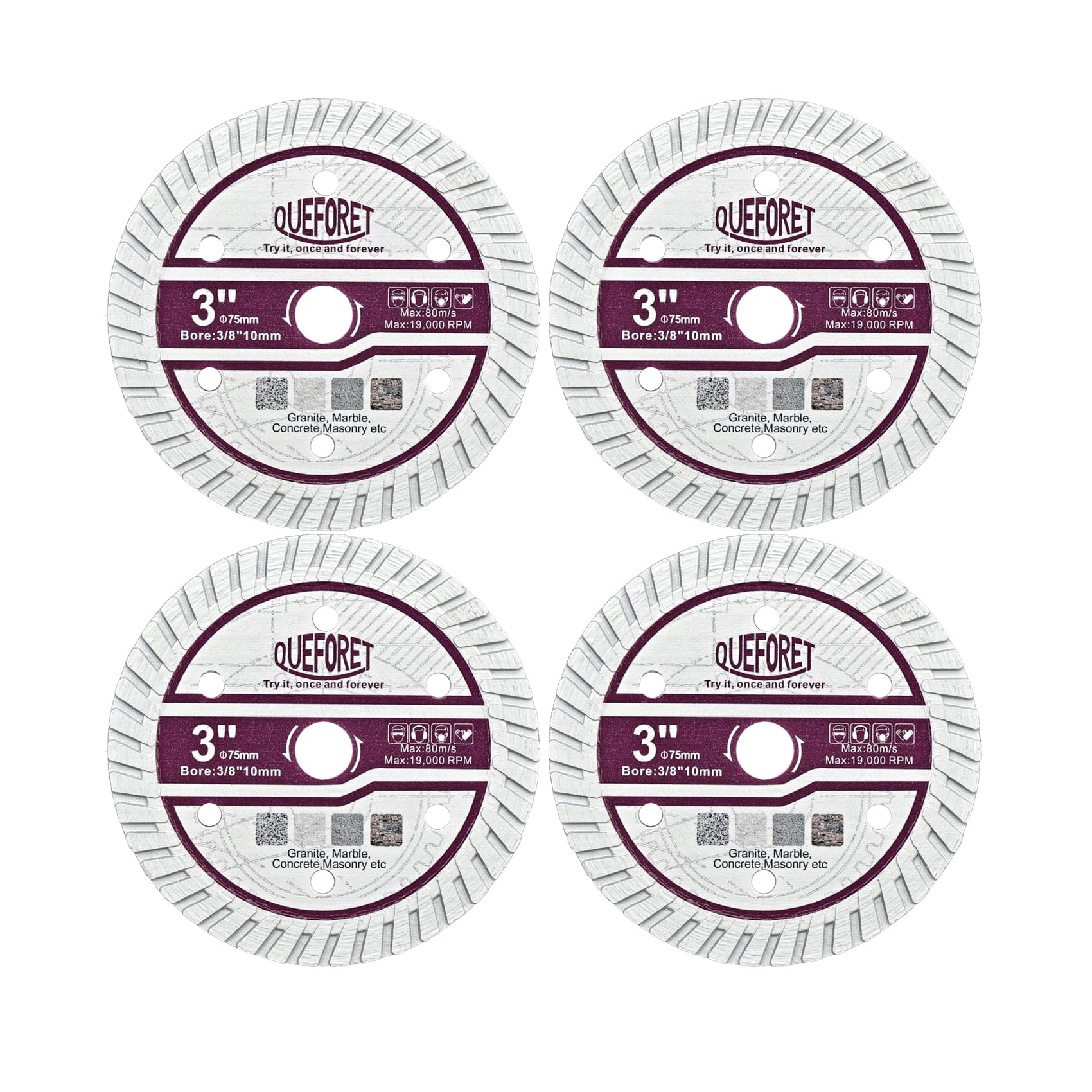 QUEFORET 75mm Diamond Concrete Saw Blades - 4pcs Cutting Discs for Granite Marble Concrete Masonry, with 10mm Arbor
