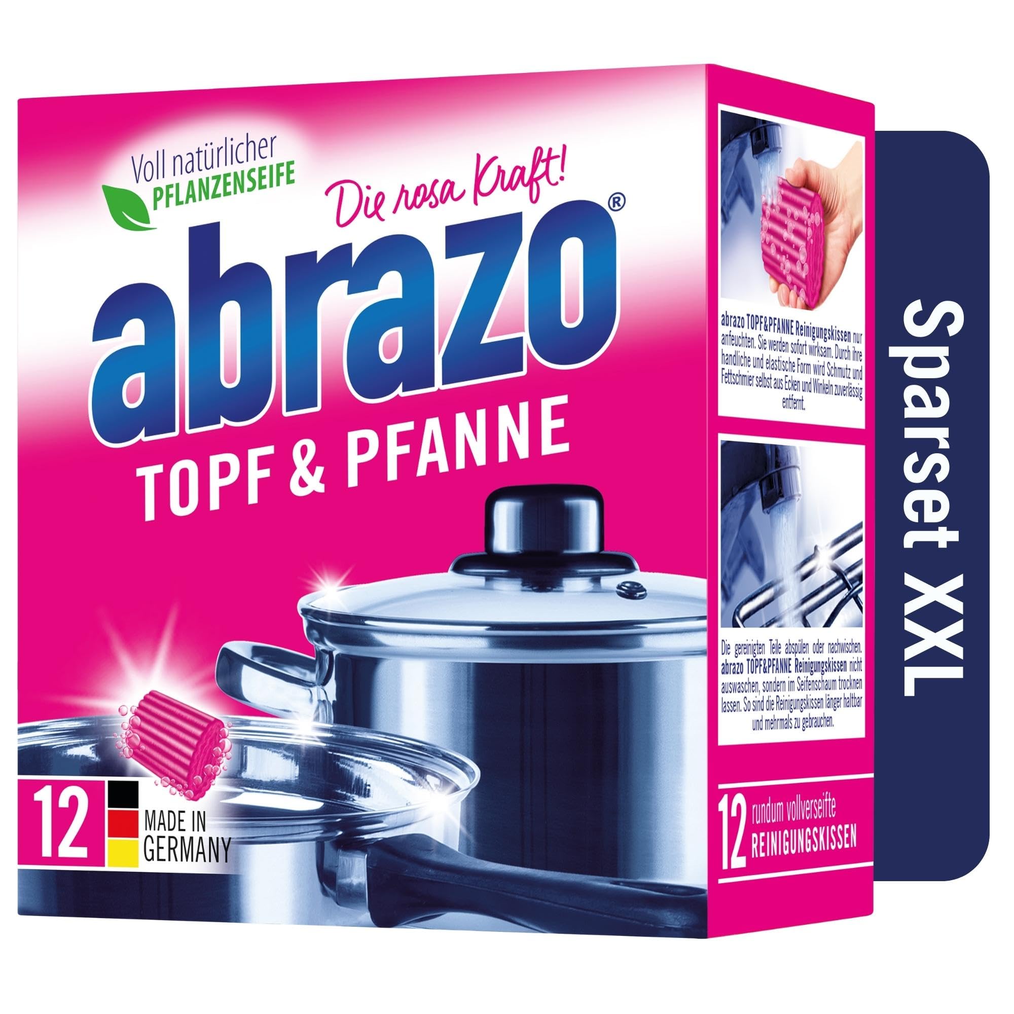 abrazo Topf & Pfanne - 12 Reinigungskissen für Töpfe, Grill & Backofen, Spülschwamm mit veganer Pflanzenseife, Küchenschwamm, Reinigungsschwamm