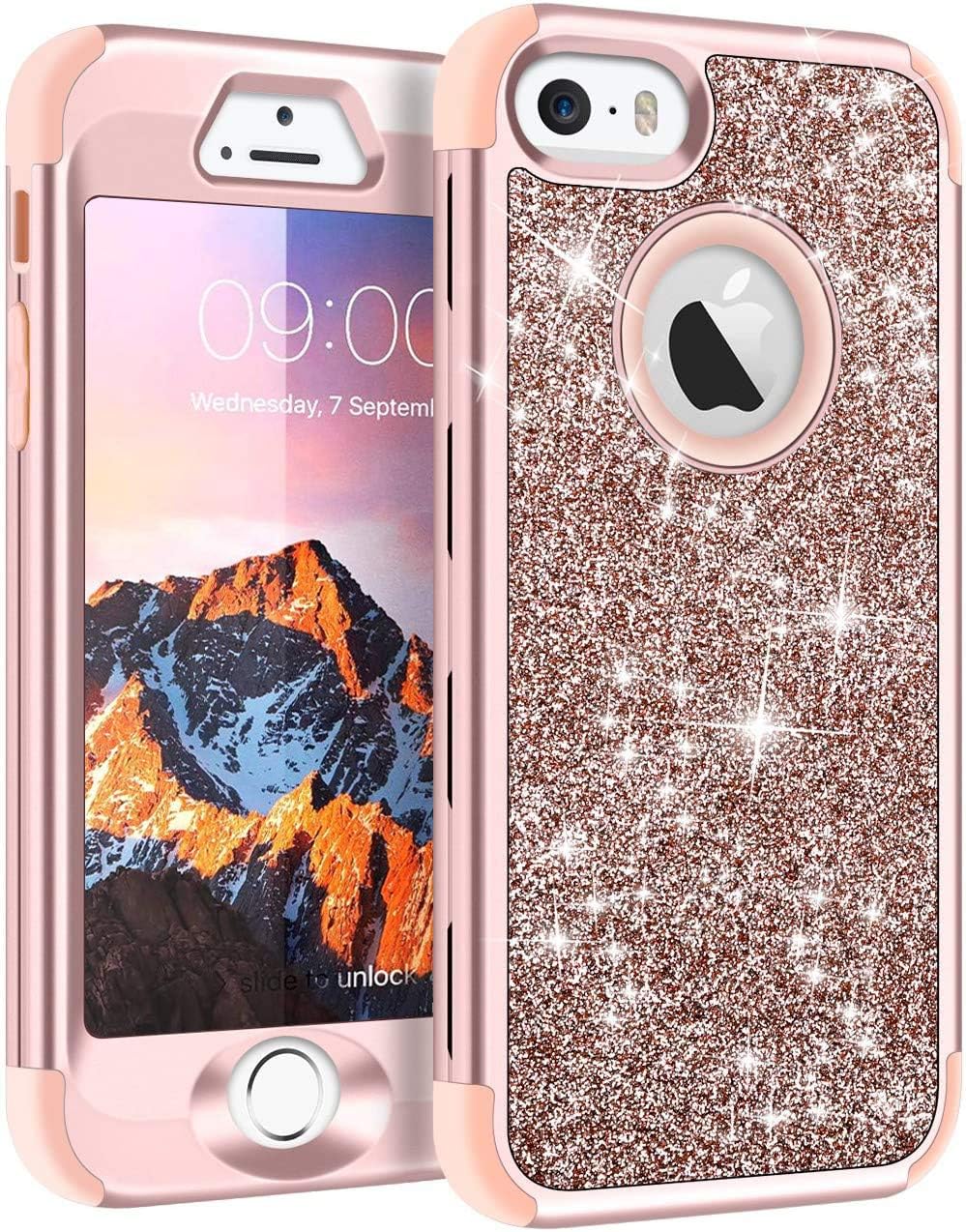 QUSUM Compatible for iPhone 8 Case, iPhone 7 Case,3-in-1 Glitter Bling Shiny Shockproof Full Body Coverage Protection Hard Case with Tempered Glass Screen Protector for Apple iPhone 7/8 4.7" Rose Gold