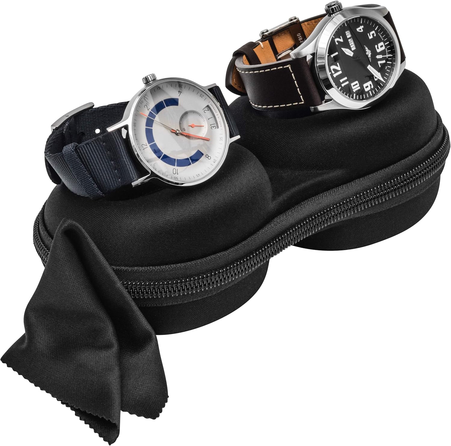 WATCHPOD Double Watch Travel Case Storage Holder Box for 2 Watches | Dual Tough Portable Protection w/Zipper Fits All Wristwatches & Smart Watches Up to 50mm (Black): Watches