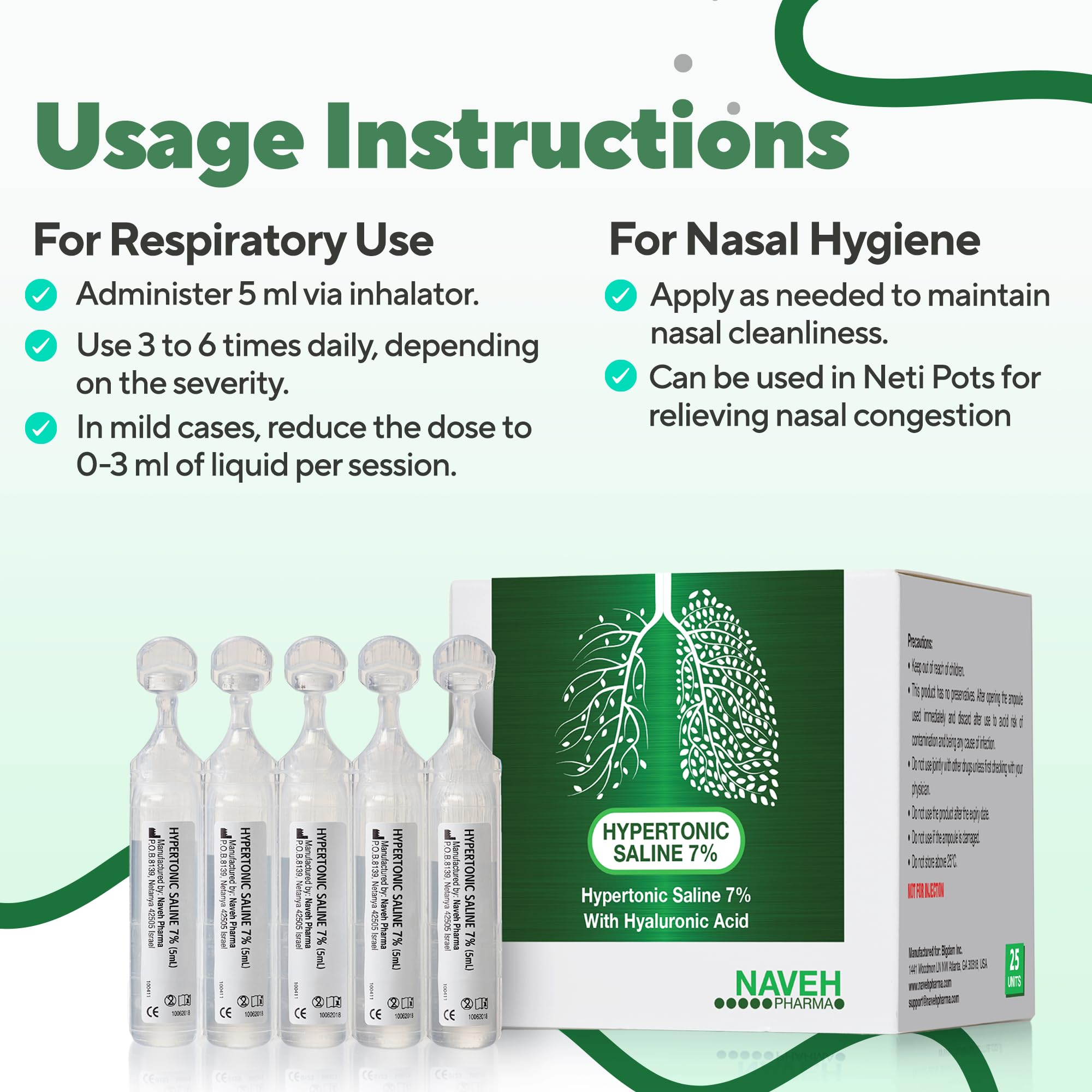 Nebuliz - Hypertonic Saline Solution 7% + Hyaluronic Acid Nebulizer Diluent for inhalators and Nasal Hygiene Clear Congestion from Airways&Lungs Reduce Mucus (25 Sterile Saline Bullets of 0.17 Fl Oz)