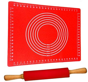 Teigroller mit Backmatte Silikon Groß Rot | Antihaft - BPA frei | Hitzebeständig | Nudelholz 40cm mit Teigmatte 60x40cm Set