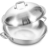 LOLYKITCH 14.5 Inch Tri-Ply Stainless Steel Wok Pan with Steel Lid,Deep Frying Pan,Jumbo Cooker,Induction Cooking Pan,Dishwasher and Oven Safe