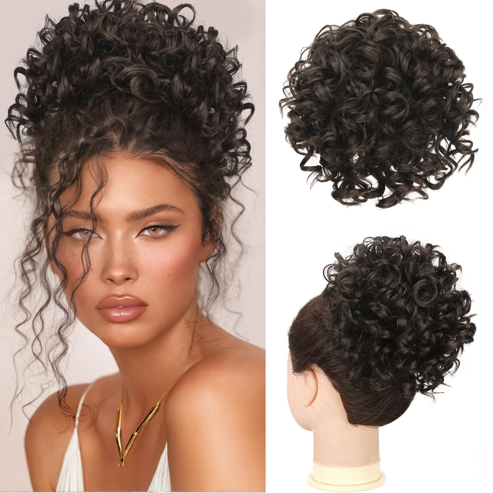 RUWISS Messy Bun Short Curly Drawstring Ponytail Extension Loose Hair Bun Hair Pieces for Women High Temperature Synthetic Hair Bun Extension 85g Black Brown