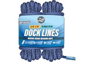 WAVESRX Premium Nylon Boat Dock Lines & Ropes for Docking & Pontoon | Double Braided Marine Rope | Boat Ropes for Docking with Loop | UV & Saltwater Resistant Dock Rope (Deep Sea Blue, 3/8” x 15’)