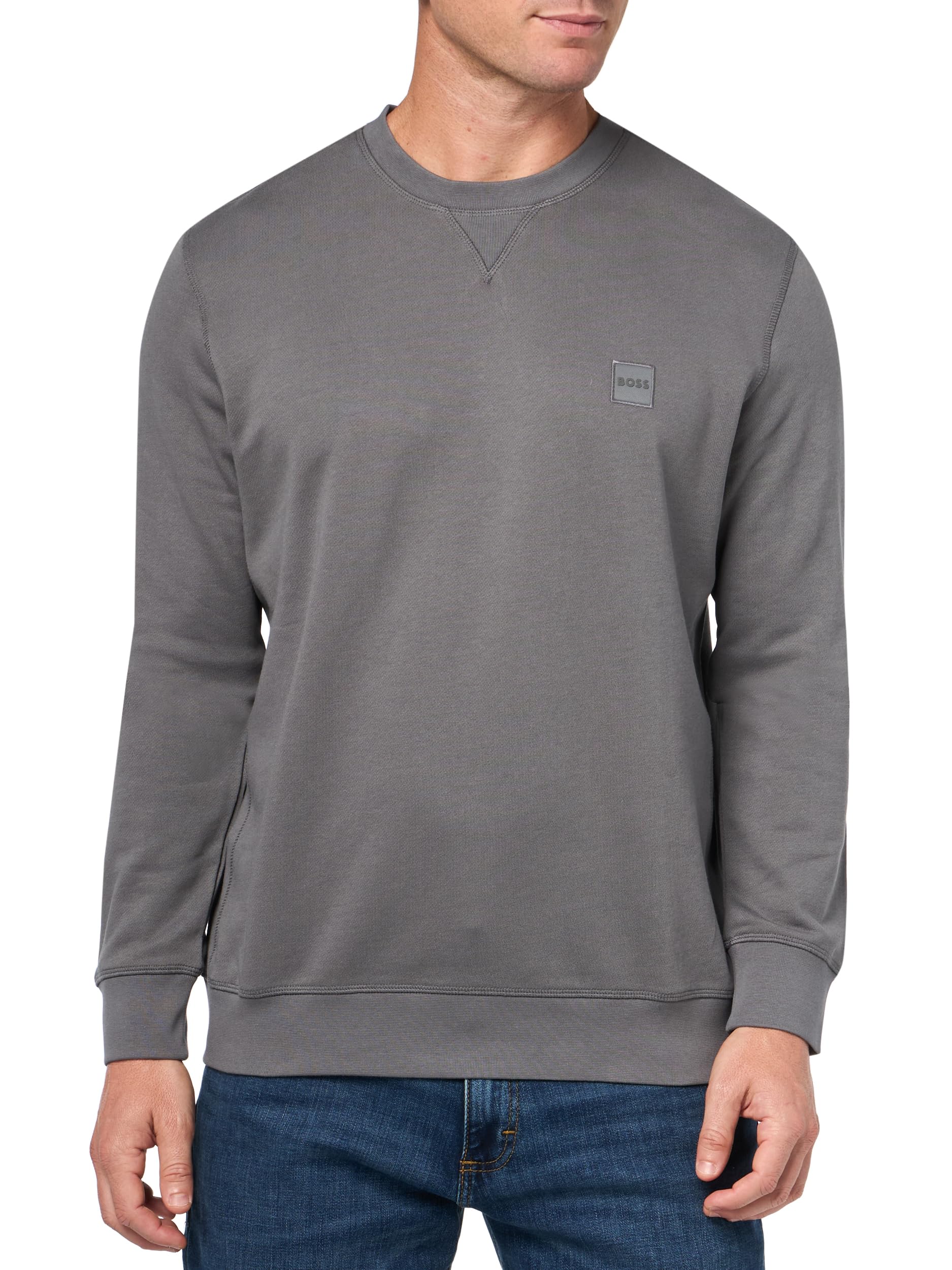 BOSS Patch Logo French Terry Pullover Cotton Sweatshirt,mushroom grey,S
