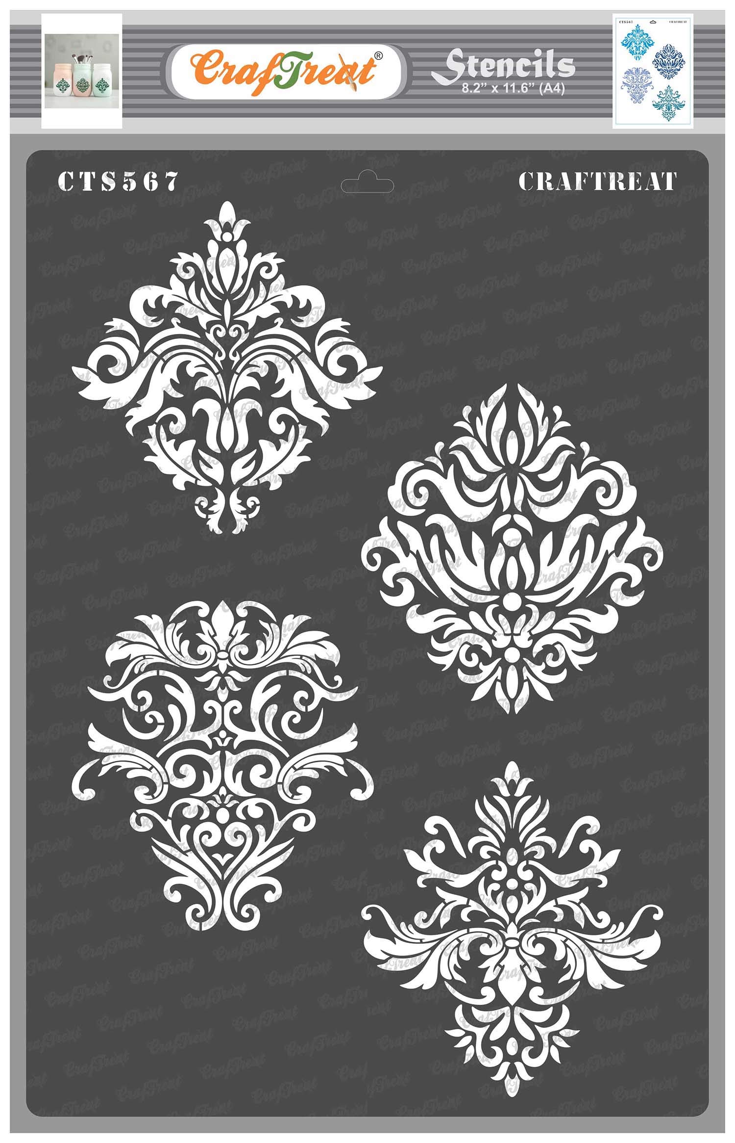 CrafTreat Reusable Damask Stencils for Painting on Wood, Canvas, Paper, Fabric, Floor, Wall and Tile - Damask Designs -A4 - DIY Art and Craft Stencils - Damask Stencil Wall