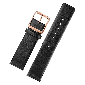 16mm Black Leather Watch Bands Replacement Italian Cowhide Thin without Stitching Simple Design Rose Gold Buckle