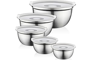 FineDine Stainless Steel Mixing Bowls Set with Lids, Home Kitchen Cooking Essentials Household Must Haves for Baking, 5 Pieces