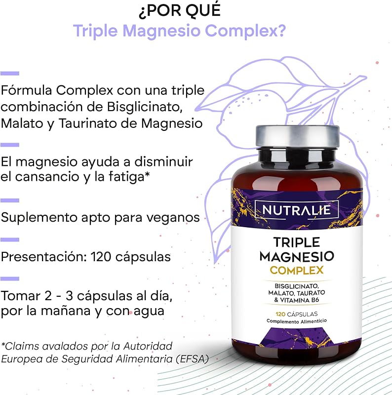 Triple Magnesio Complex Bisglicinato + Malato + Taurato Cansancio, Fatiga, Energía y Sistema Nervioso, con Vitamina B6-120 Cápsulas Nutralie — foto 3 de 6