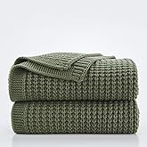 Douceur Olive Green Throw Blanket for Bed, Soft Chunky Cable Knit Throw Blanket, Classic Fisherman's Rib Stitch Pattern Throw for Living Room Gift, 60"X80"