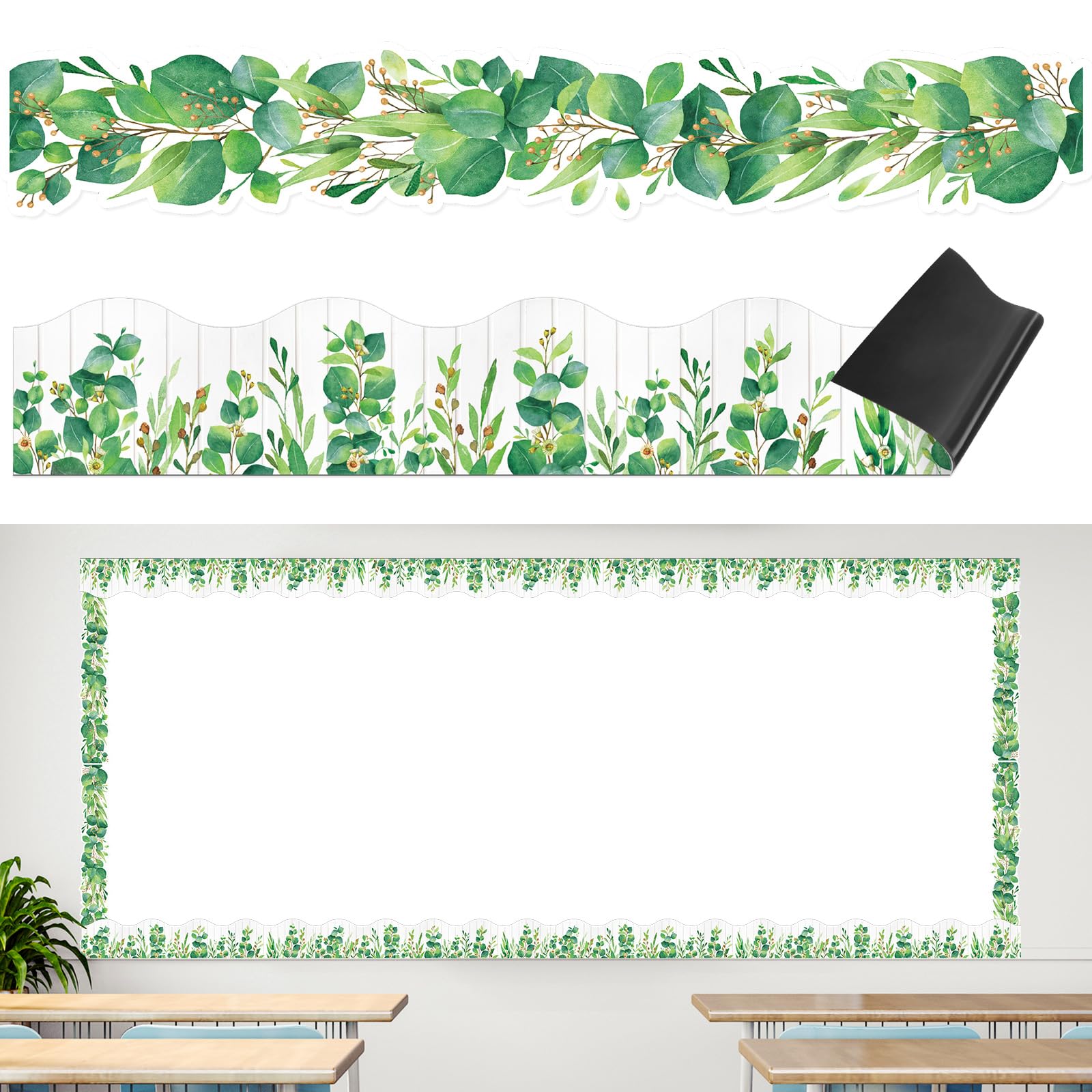 Photo 1 of Capoda 24 Pcs Magnetic Eucalyptus Borders Greenery Classroom Decorations 11.8 x 2 Inch Plant Bulletin Board Borders Magnet Eucalyptus Garland Decor Trim for Back to School Classroom Supplies