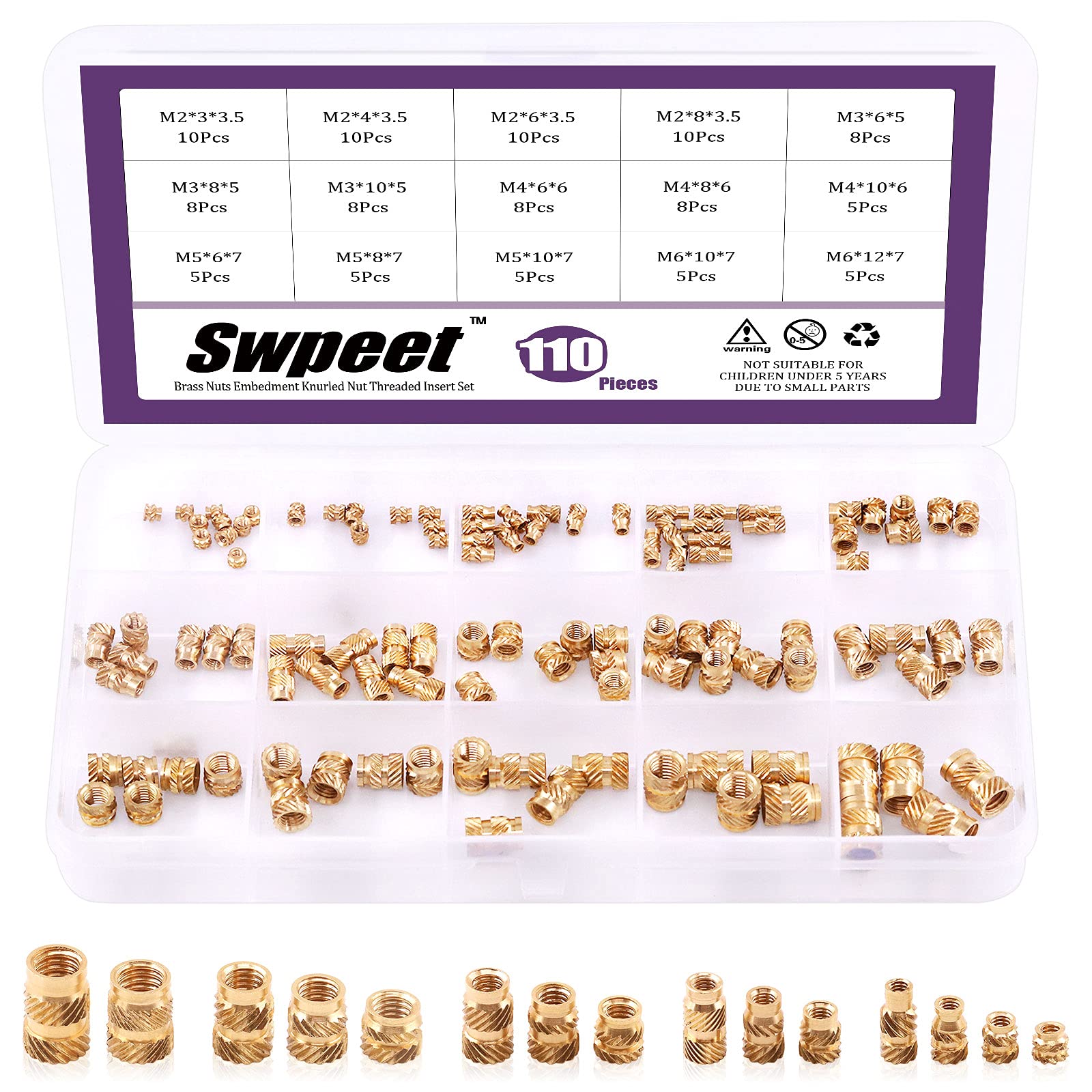 Swpeet 110Pcs 5 Values M2 M3 M4 M5 M6 Female Thread Knurled Nuts Brass Threaded Insert Embedment Nuts Hydraulic Welded Joint Injection Molding Assortment Kit Perfect for 3D Printing Injection Molding