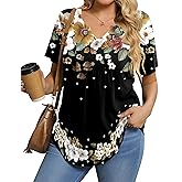 IN'VOLAND Womens Plus Size Tunic Top Summer Short Sleeve T-Shirt V-neck Button Up Dressy Blouse Casual Pleated Pullover 1X-5X
