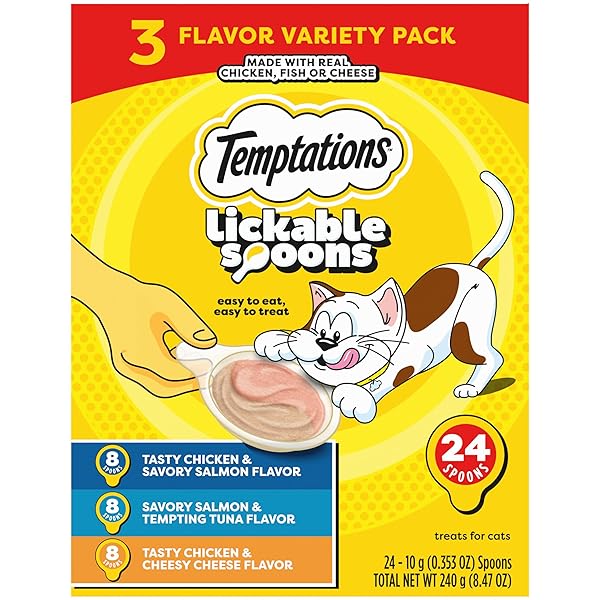 TEMPTATIONS LICKABLE SPOONS ADULT WET CAT TREAT, 10 GRAMS, VARIETY PACK OF 24