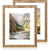 iRahmen 16x20 Picture Frame Set of 2 with Plexiglass, Display Pictures 11x14 with Mat or 16 x 20 Without Mat, Rustic Brown Wood Poster Frame for Photo Wall Gallery Mounting