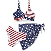 Girls Swimsuit, Bathing Suits 3 Piece Tropical Floral Twist Cross Bikini Sets Girls' Swimwear with Cover Up Skirt 7-16T