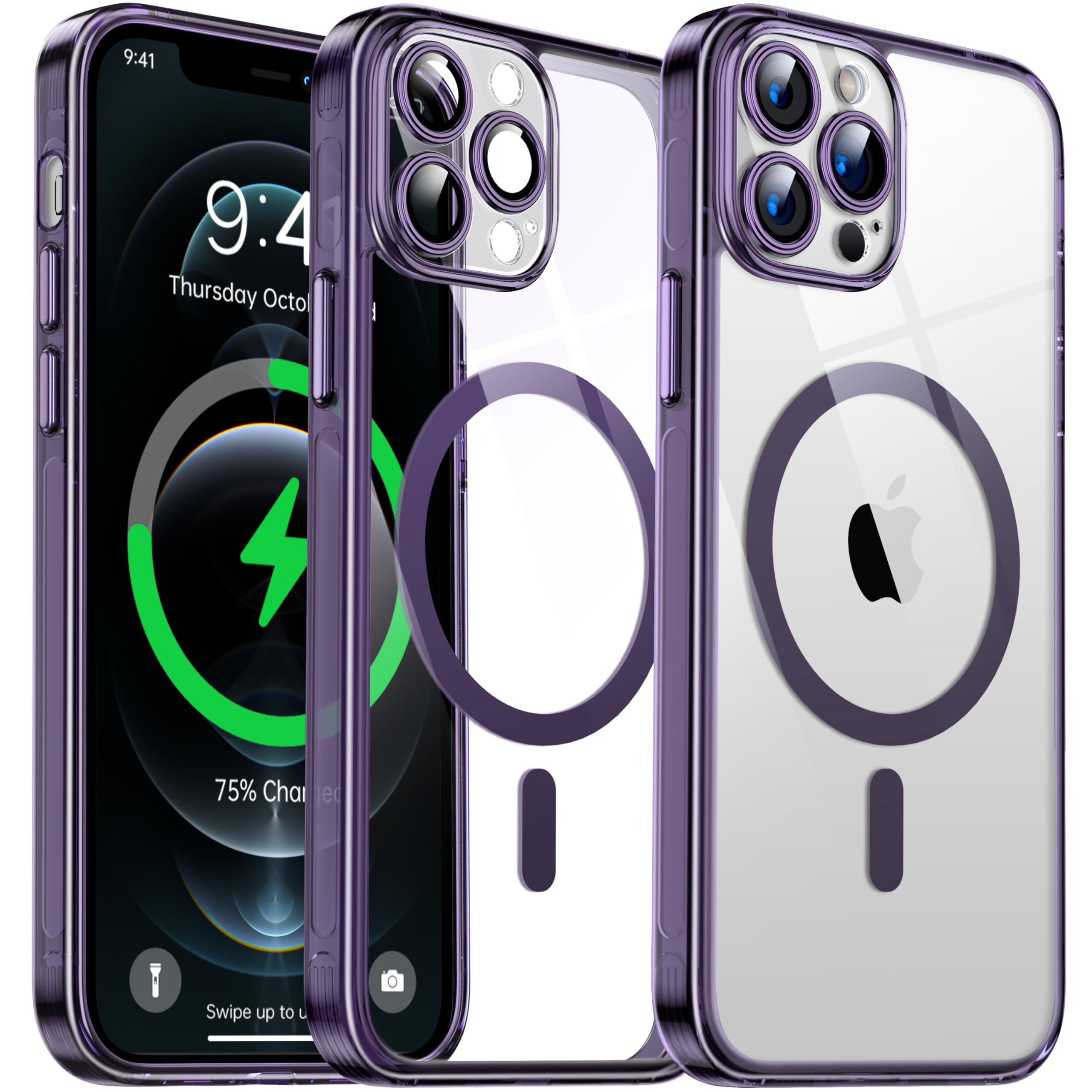 Flyzoo Clear Magnetic Case for iPhone 12 Pro Max (6.7'') Compatible with MagSafe & Camera Protector, [Non-Yellowing] [Shockproof & Antiscratch Protection] Hard Transparent Cover with Silicone, Purple
