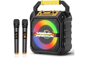 JUNGLE MONSTER Karaoke Machine, Karaoke Machine for Adults, Portable Karaoke Machine with 2 Wireless Microphones, LED Lights Speaker with Microphone, Supports TF/SD/USB, AUX in, FM, REC - Black