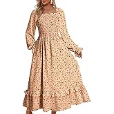 Dokotoo Boho Dresses for Women 2025 Casual Floral Square Neck Long Sleeve Smocked Elastic Waist Tiered Ruffle Hem Maxi Dress